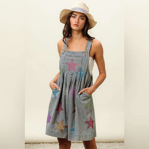 BiBi Pants - BiBi Star Rhinestone Washed Wide Leg Shortalls